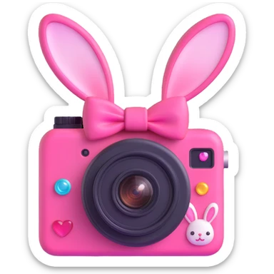 Recreate this exact pink kawaii camera with all the same details including bow, bunny, heart, gem, buttons, and photo coming out in a 3D iOS emoji style. Use soft shading, rounded edges, and glossy highlights to keep the playful and cute look, making it look like a 3D Apple emoji. sticker