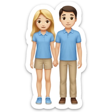 full-length happy couple, girl with long golden hair and hazel eyes in summer outfit, boy with dark hair in light blue polo sticker