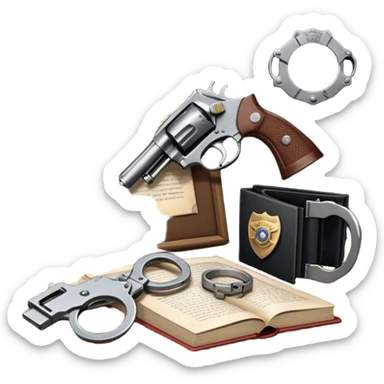 Icon for Action & Crime Reading: an open book, a revolver, handcuffs. Surrounding elements include a dark alley, a police badge, and a pair of sunglasses. The icon should evoke tension, suspense, and action.  Transparent background. sticker