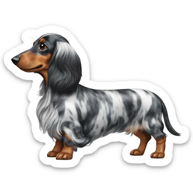 A long-haired marble dachshund stands sticker