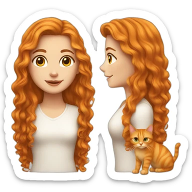 White Girl with long curly brunette hair with an orange cat sticker