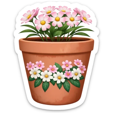 plant pot in terra cota with white and pink flowers print painted on the pot sticker