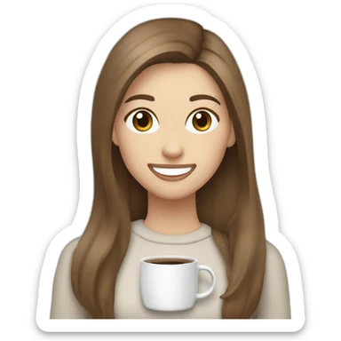 smiling woman pale skin middle brown long straight hair with a closed laptop and a coffee mug wearing a white woolly shirt having in a snowstorm sticker