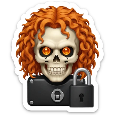cinematic realistic Megadeth iconic skull mascot with a padlock on his mouth, orange curly huge hair sticker