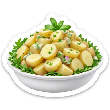 Cinematic Realistic Kartoffelsalat Dish Emoji, showcasing a traditional potato salad with fresh herbs and tangy dressing rendered with lifelike detail and vibrant, natural lighting. sticker