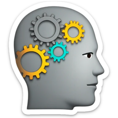a grey outlined thinking serious man's head with 3 coloured gears in the head sticker