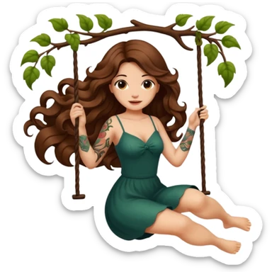 ccute woman long wavy brown hair tattoos swinging on vine sticker