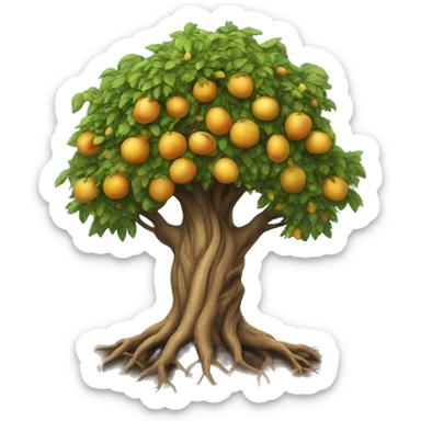 tree with deep roots and branches that rise towards the sky, with golden fruits sticker