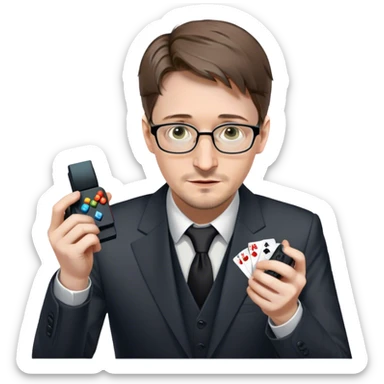 Edward Snowden ads magician revealing a deck of cards but instead of cards it’s a gaming controller  sticker