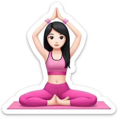 a girl with black long hair and white skin wearing a pink workout set and doing yoga sticker