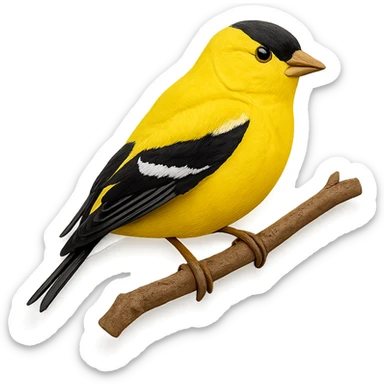 very detailed American Goldfinch perched on a tree branch, intricate cut paper textures, bright yellow feathers, black wings and cap, realistic markings sticker