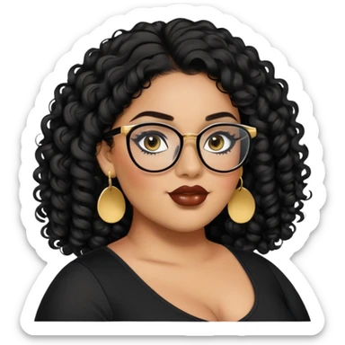 big plus size, latina, darker tan skin, long black curly hair, baddie,pretty, makeup, lipgloss, black eyeliner, long hair, SMALL gold earrings, black top, black glasses sticker