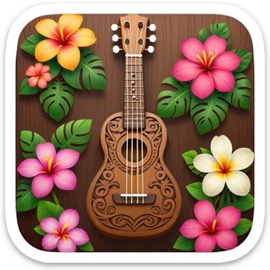 Ukulele with Polynesian carvings with flowers behind it sticker