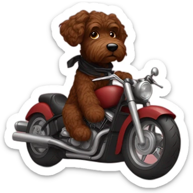 A chocolate brown doodle with wavy fur wearing a red and black handkerchief riding a motorcycle sticker