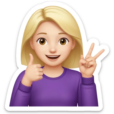 girl with her hand up holding her thumb and index finger close together tip to tip giggling sticker