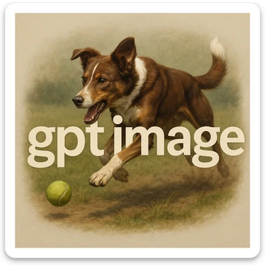  logo with text "gpt image" on the background of a dog chasing ball, realistic image sticker