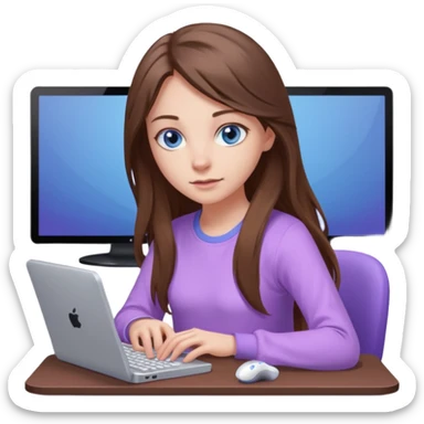 beautiful girl with long brown hair, blue eyes and wearing light purple clothes playing pc games sticker