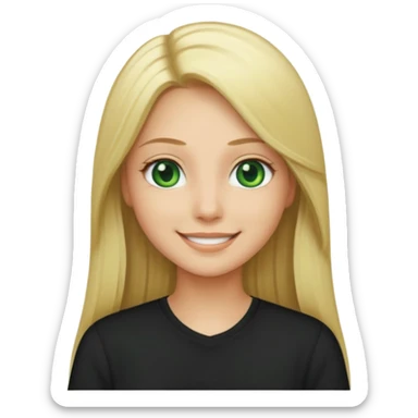 Long straight blonde hair with green eyes and black shirt smiling sticker