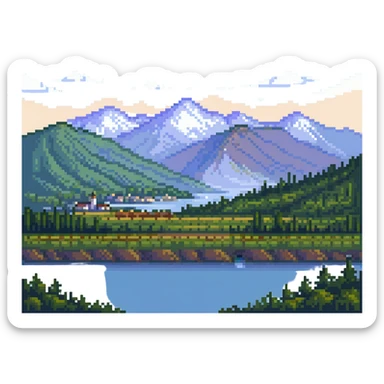 landscape of Nalchik with mountains in the background in pixel art style sticker