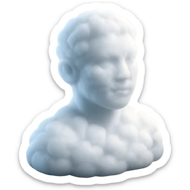 person looking straight, fully made of white fluffy convex clouds, shoulders up, no shadows, matte glass style sticker