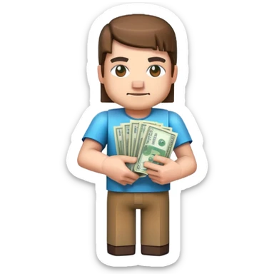 emoji style icon, minecraft blocky character holding a stack of money, pixel art style, bright colors, simple background, 3D glossy emoji, centered composition, soft shadow, high detail, clean outline, white background sticker