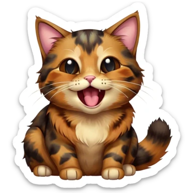 Cinematic Cute Yawning Tortoiseshell Cat Portrait Emoji, Head slightly tilted with a wide, adorable yawn and half-closed, dreamy eyes, featuring a warm, mottled fur of rich browns and blacks, simplified yet irresistibly cute, highly detailed, glowing with a soft, slumbering radiance, high shine, exuding a relaxed, drowsy charm, styled with a gentle, soft glowing outline, capturing the essence of a tortoiseshell cat in a precious moment of sleepy delight! sticker