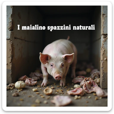 symbolic scene of a pig in a dirty pen, surrounded by leftovers, waste and feces, with Italian text 'I maiali sono spazzini naturali', 4K quality sticker