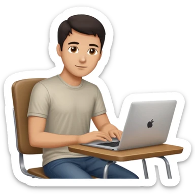 Rich man working setting on a chair in shirt, dark hair, and near the table with laptop he is german very beautiful looks like sticker
