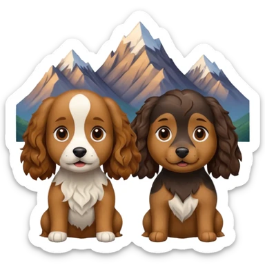 two dogs with wavy hair, one black and brown, one shades of brown with mountains sticker
