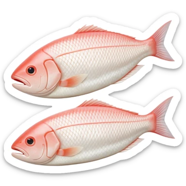 realistic white fish fillet boneless skinless pre-cut trimmed natural shape soft curves pale ivory to pinkish-white moist glossy fine muscle grain neat no bones skin head tail no plate seasoning no faces clean 3D soft lighting transparent background emoji scale sticker