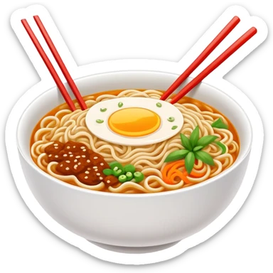 Wuhan hot dry noodles with sesame paste breakfast bowl, simplified emoji style with bold outlines and bright colors, cartoon style Hubei morning Re Gan Mian sticker