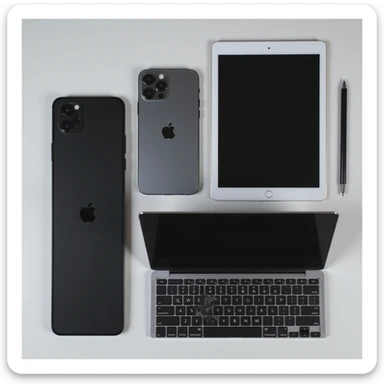 all three Apple devices (space gray iPhone 16 Pro Max, iPad Pro 11-inch, MacBook Pro M1) together, realistic, modern, minimal background sticker