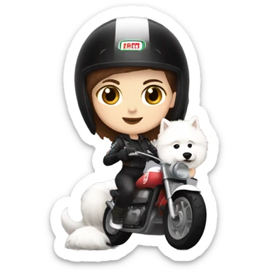 Girl biker white skin and brown short hair with a agv black helmet hugging a white Samoyed sticker