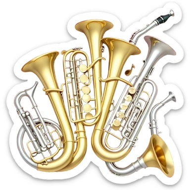 Create a festive and elegant emoji collage featuring a bouquet or fan of brass instrument bells (trumpets, saxophones, trombones, etc.) arranged in a radiant, symmetrical pattern. The instruments should have polished, golden and silver finishes, with their large, shiny bells forming a beautiful, fan-like display. Include a flowing ribbon of musical notes swirling through the center, conveying movement and melody. The background should feature a deep red velvet texture, adding a touch of luxury and sophistication. The overall composition should be balanced, with an elegant and regal feel, with a transparent background to keep focus on the instruments and musical elements. sticker