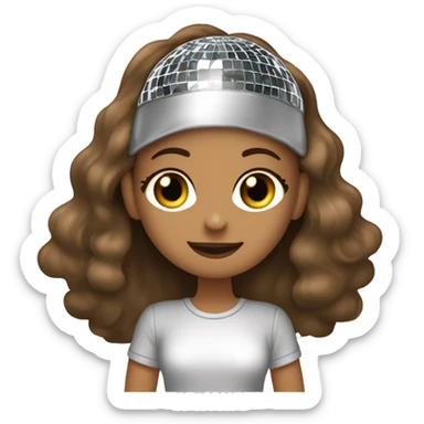 A girl wearing a disco ball, ￼ T-shirt ￼ With long, brown, darkest,  ￼wavy hair,  sticker