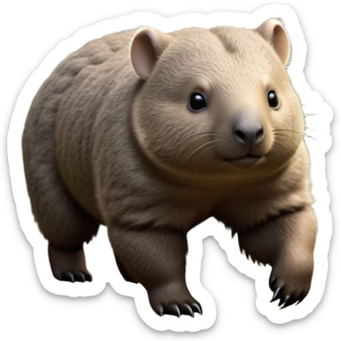 cinematic-stout wombat-realistic-full-body-waddling-emoji,-stout-muscular-frame-covered-in-coarse-brown-fur,-short-powerful-legs-trotting-determinedly-through-bushland,-round-dark-eyes-filled-with-calm-confidence,-tiny-rounded-ears-twitching-slightly,-strong-digging-claws-visible-on-sturdy-paws,-simplified-yet-realistic-focused-features,-highly-detailed,-glowing-with-a-subtle-earthy-glow sticker