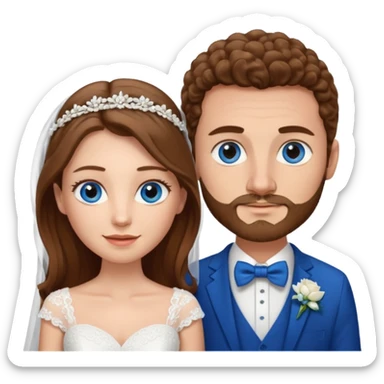 wedding couple, woman has long straight brown hair and blue eyes, man has short light brown curly hair and facial hair with blue eyes sticker