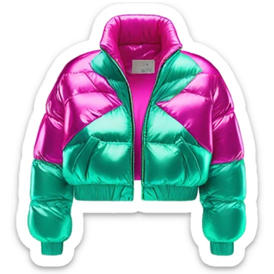 Realistic isolated side view of an open metallic hot pink cropped puffer jacket and metallic mint green sports bra underneath the jacket. sticker