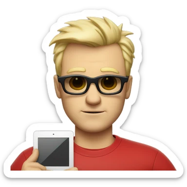 Nerdy middle aged white man with short blond spiky hair looking confused and wearing sunglasses and a red tee shirt holding an electronic tablet sticker