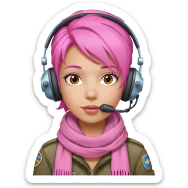 Jet Queen Mia – bubble-gum-hair pilot wearing a headset and pink scarf sticker