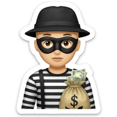 un sombrero de delincuente y un saco de dinero, el ladrón tiene una camisa de rayas negras y blancas y el rostro un antifaz color negro. sticker