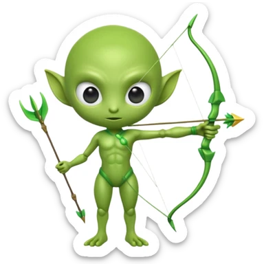 3D emoji-style green alien holding a bow and arrow, glossy texture, smooth skin, large expressive eyes, small humanoid body, minimalist background, soft lighting, Pixar-style rendering, high detail, cute but slightly serious expression, clean centered composition sticker