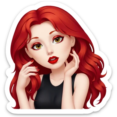 a pretty woman with long red hair and red eyes. The woman wear a black little cutted dress. She have red lipstick and she have a seductive look. She send a kiss sticker