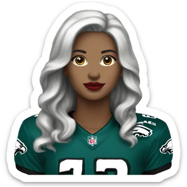 White female long dark hair red lips wearing Philadelphia Eagles jersey sticker