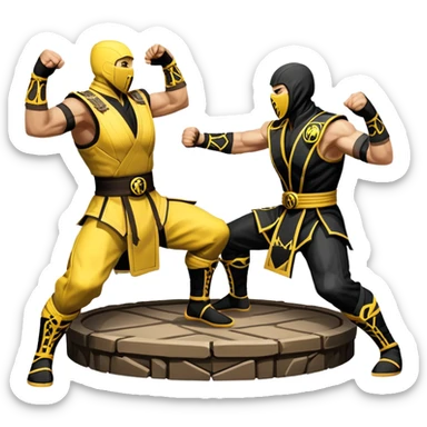 An icon showing two fighters in combat poses, inspired by Mortal Kombat. One character delivers a powerful kick, while the other blocks. The background features an iconic arena from the game with life bars at the top, symbolizing intense battles. Transparent background. sticker