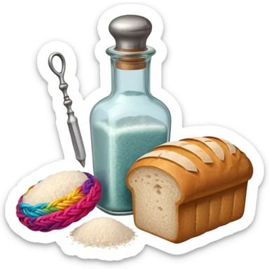 a one victorian bottle of salt and a loaf of bread - crochet needles and a ball of wool sticker