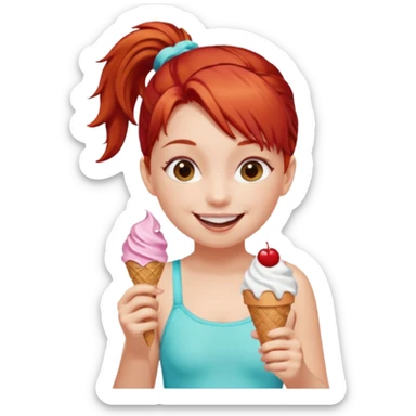 girl kid red haired swimsuit, eating ice cream, ponytail sticker
