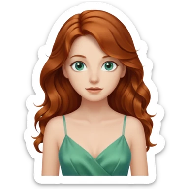 Long wavy Auburn hair woman BLUE eyes wearing green cami  dress sticker