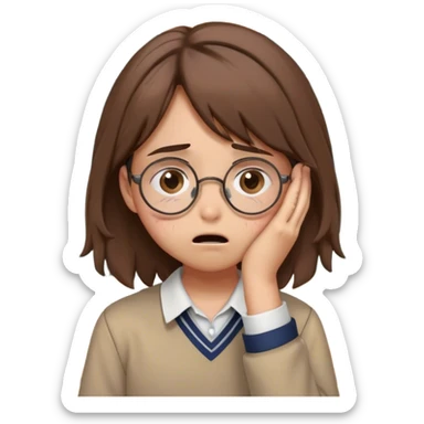 Create an emoji depicting a student who is crying. The student has round glasses, messy brown hair, and is wearing a casual school uniform. Tears are streaming down their face, and they have a sad expression, with their hands covering their face in frustration. The background is a simple classroom setting with a chalkboard behind them, conveying the emotional weight of a stressful school situation. sticker
