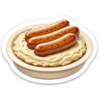 Cinematic Realistic Bangers and Mash Dish Emoji, featuring succulent pork sausages paired with creamy mashed potatoes rendered with detailed textures and natural highlights that emphasize its robust, hearty flavor. sticker